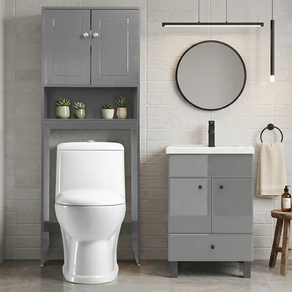 Kit Mueble Vanitorio Gris + Estante Gris + WC Blanco - Mueble 50x40x80 cm 2