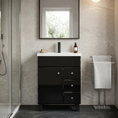 Mueble Vanitorio Mónaco Negro con Cubierta de Loza 70x47x80 cm (Incluye Armado)