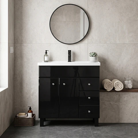 Mueble Vanitorio Mónaco Negro con Cubierta de Loza 80x47x80 cm (Incluye Armado)