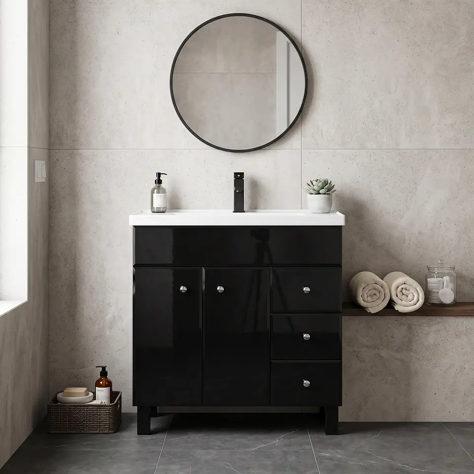 Mueble Vanitorio Mónaco Negro con Cubierta de Loza 80x47x80 cm (Incluye Armado) 2