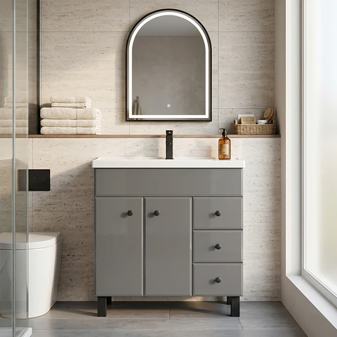 Mueble Vanitorio Mónaco Gris con Cubierta de Loza 80x47x80 cm (Incluye Armado)