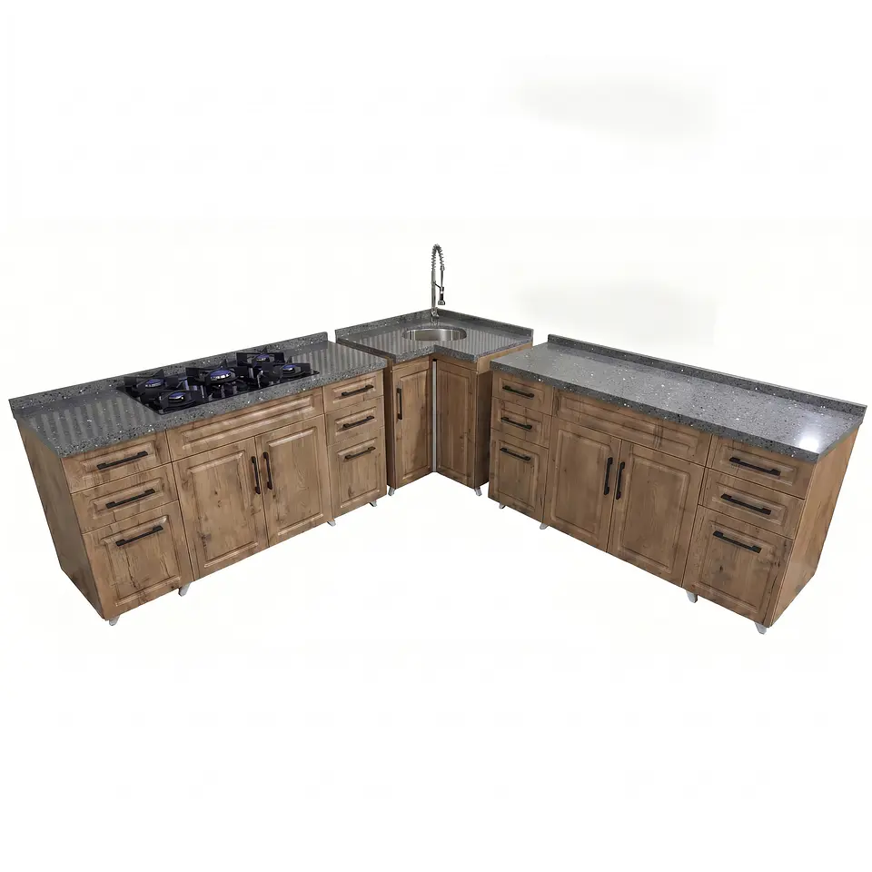 Mueble Modular Nogal para Cocina con Encimera, Esquinero Lavaplatos y Mesón Cubierta de Cuarzo 5