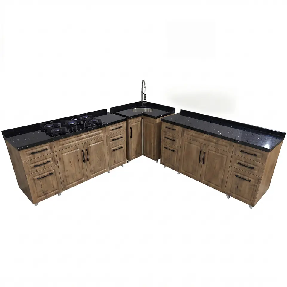 Mueble Modular Nogal para Cocina con Encimera, Esquinero Lavaplatos y Mesón Cubierta de Cuarzo 3