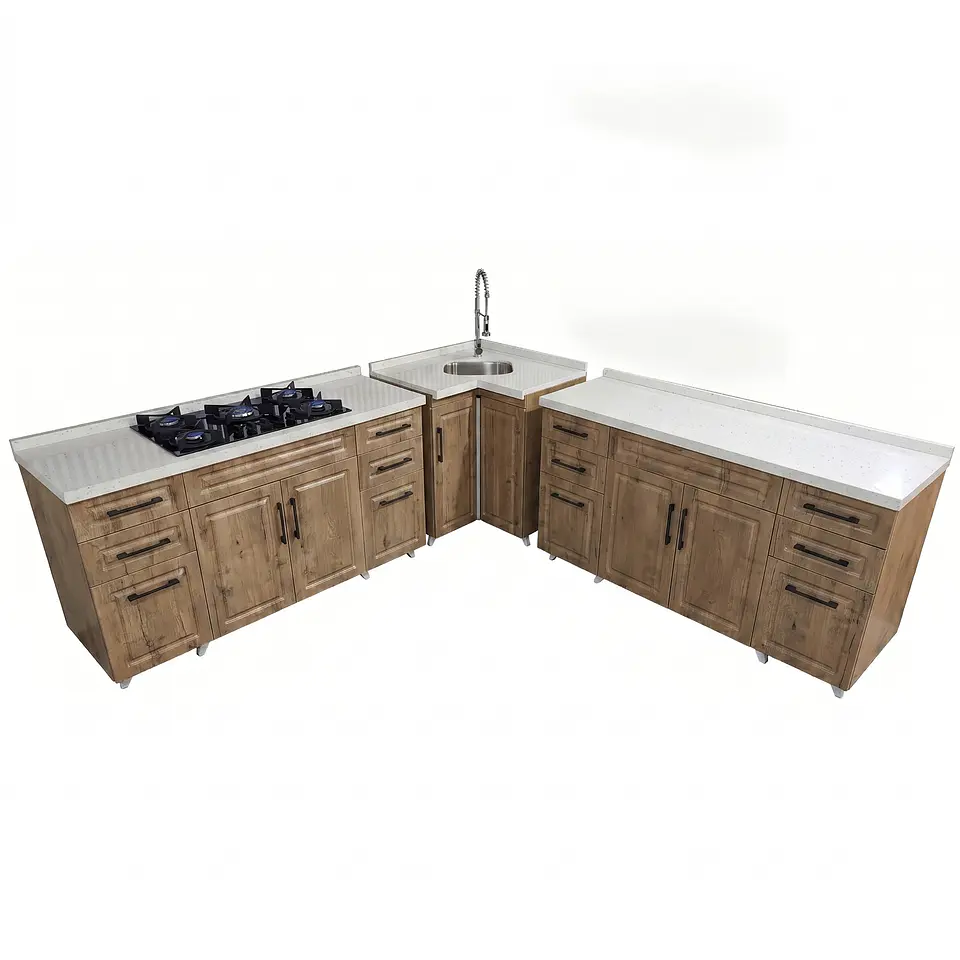 Mueble Modular Nogal para Cocina con Encimera, Esquinero Lavaplatos y Mesón Cubierta de Cuarzo 1