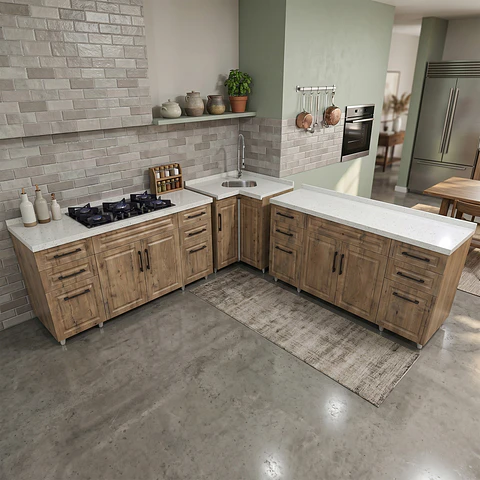 Mueble Modular Nogal para Cocina con Encimera, Esquinero Lavaplatos y Mesón Cubierta de Cuarzo
