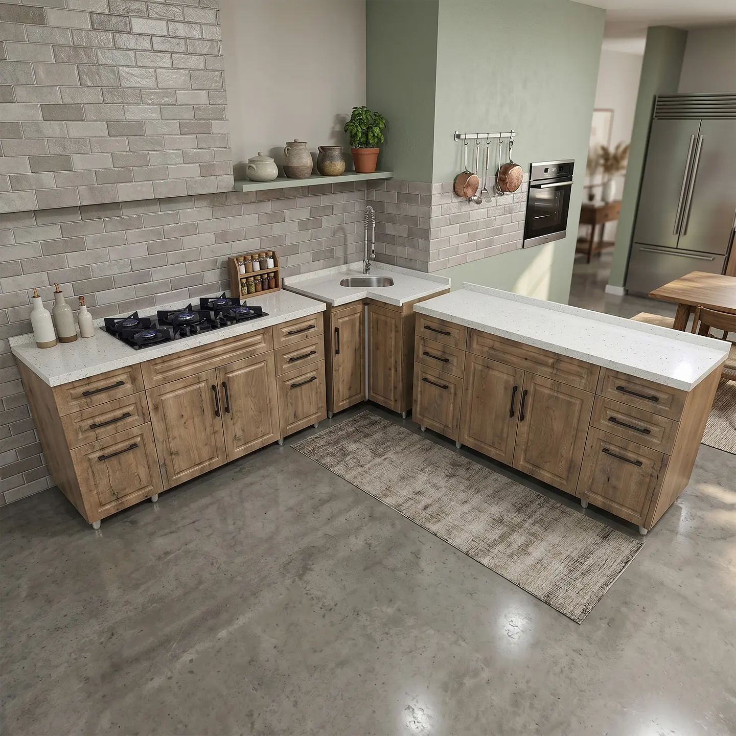 Mueble Modular Nogal para Cocina con Encimera, Esquinero Lavaplatos y Mesón Cubierta de Cuarzo 2