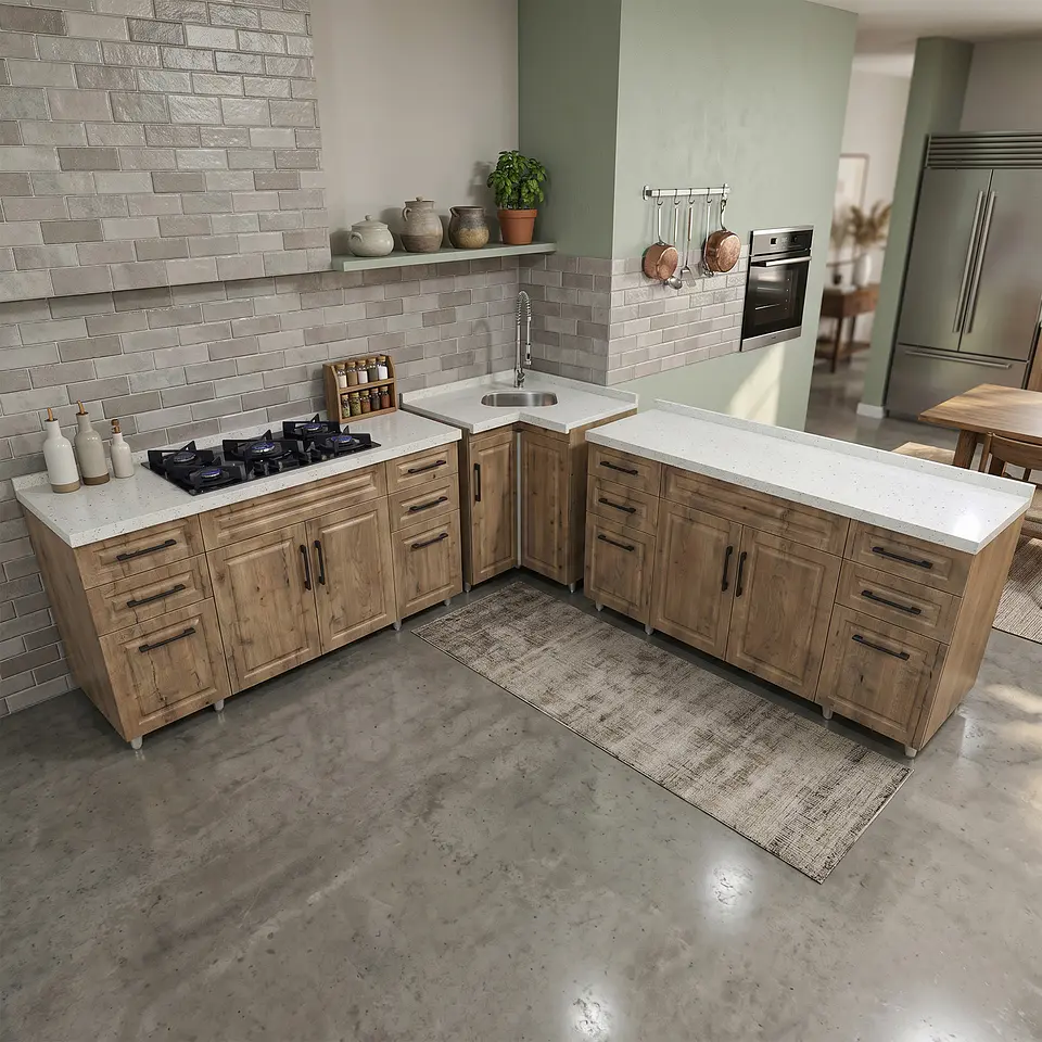 Mueble Modular Nogal para Cocina con Encimera, Esquinero Lavaplatos y Mesón Cubierta de Cuarzo 2