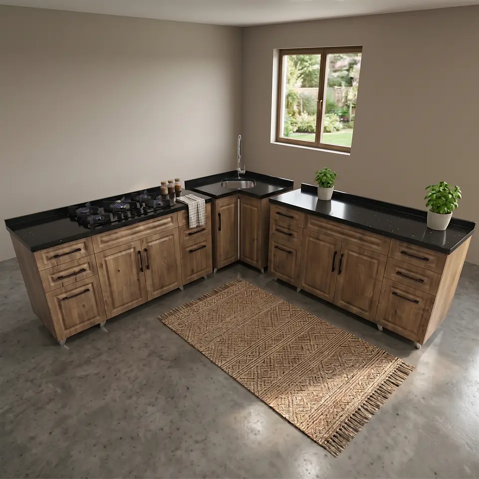 Mueble Modular Nogal para Cocina con Encimera, Esquinero Lavaplatos y Mesón Cubierta de Cuarzo 4