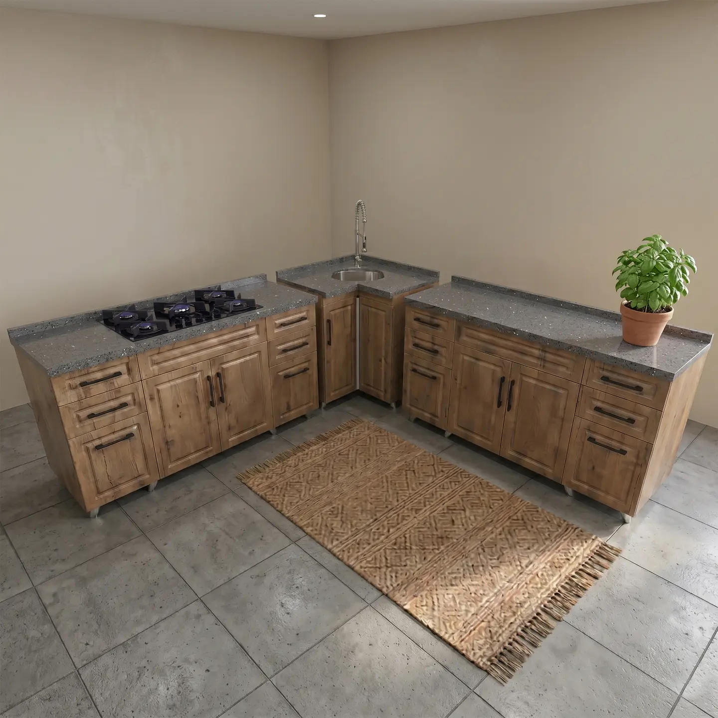 Mueble Modular Nogal para Cocina con Encimera, Esquinero Lavaplatos y Mesón Cubierta de Cuarzo 6