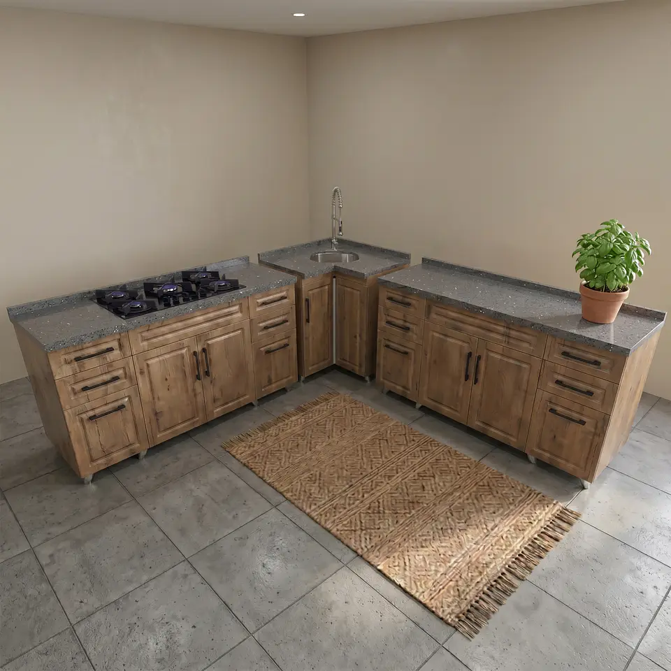Mueble Modular Nogal para Cocina con Encimera, Esquinero Lavaplatos y Mesón Cubierta de Cuarzo 6