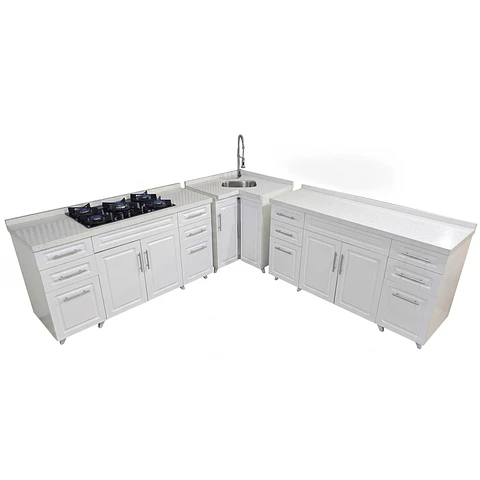 Mueble Modular Blanco para Cocina con Encimera, Esquinero Lavaplatos y Mesón Cubierta de Cuarzo