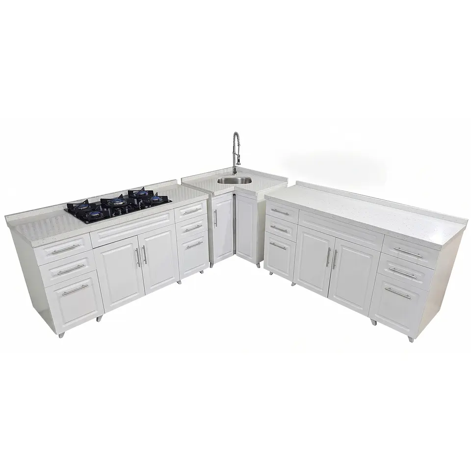 Mueble Modular Blanco para Cocina con Encimera, Esquinero Lavaplatos y Mesón Cubierta de Cuarzo 1