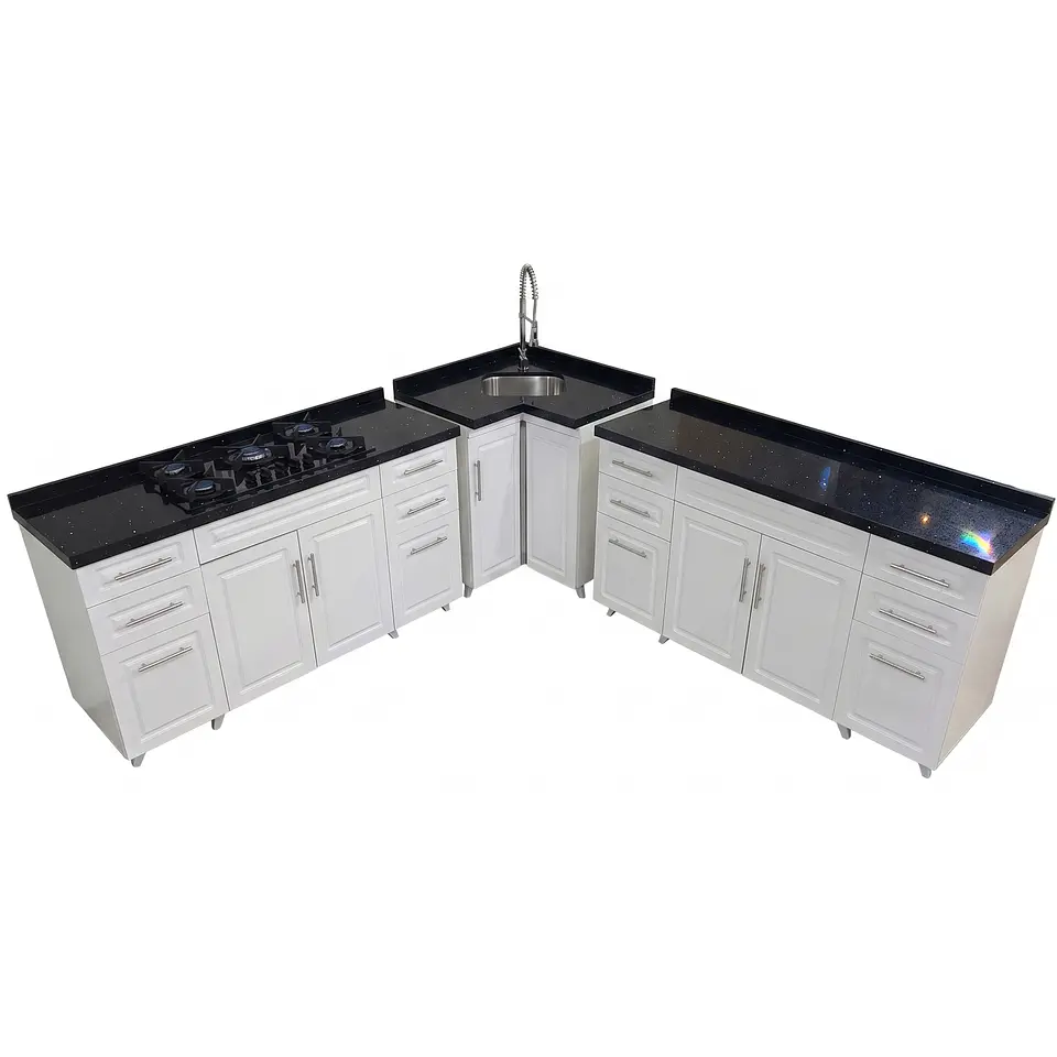 Mueble Modular Blanco para Cocina con Encimera, Esquinero Lavaplatos y Mesón Cubierta de Cuarzo 3
