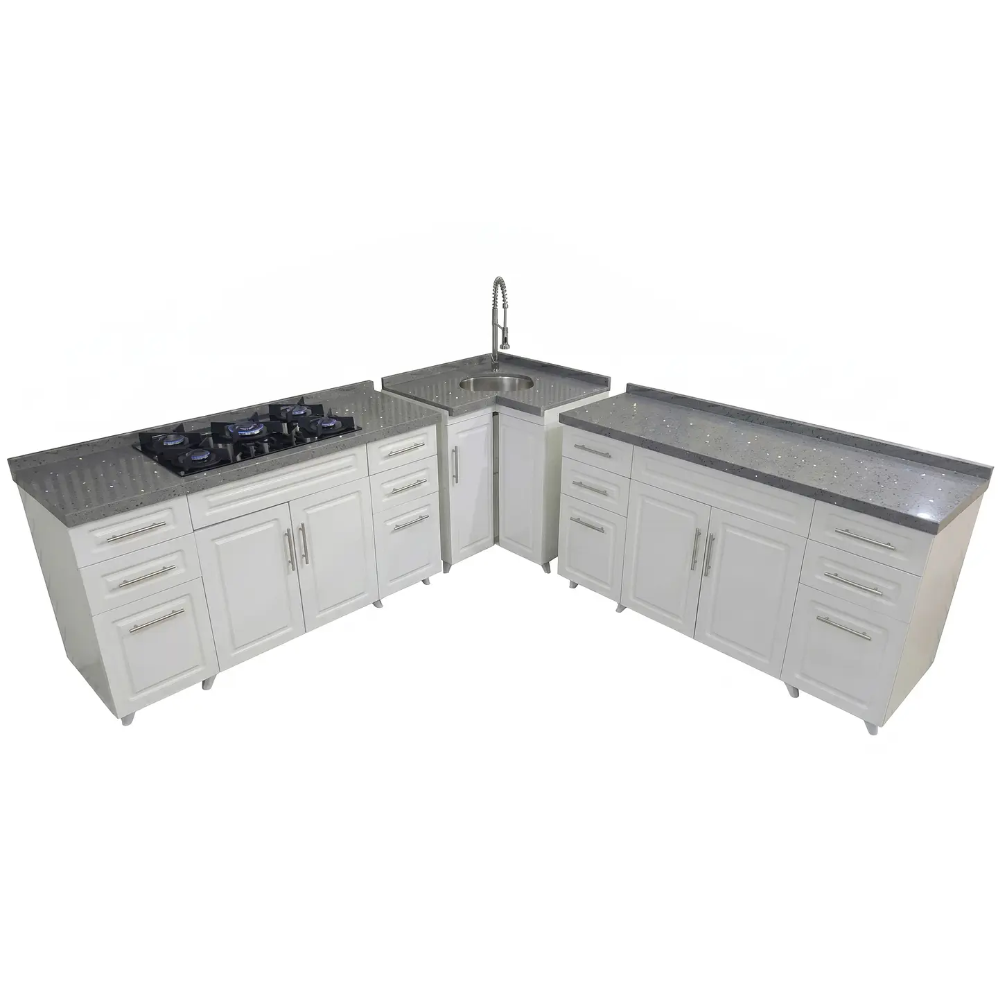 Mueble Modular Blanco para Cocina con Encimera, Esquinero Lavaplatos y Mesón Cubierta de Cuarzo 5