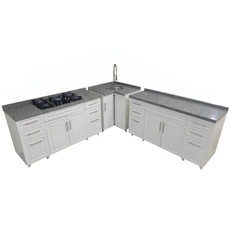 Mueble Modular Blanco para Cocina con Encimera, Esquinero Lavaplatos y Mesón Cubierta de Cuarzo 5