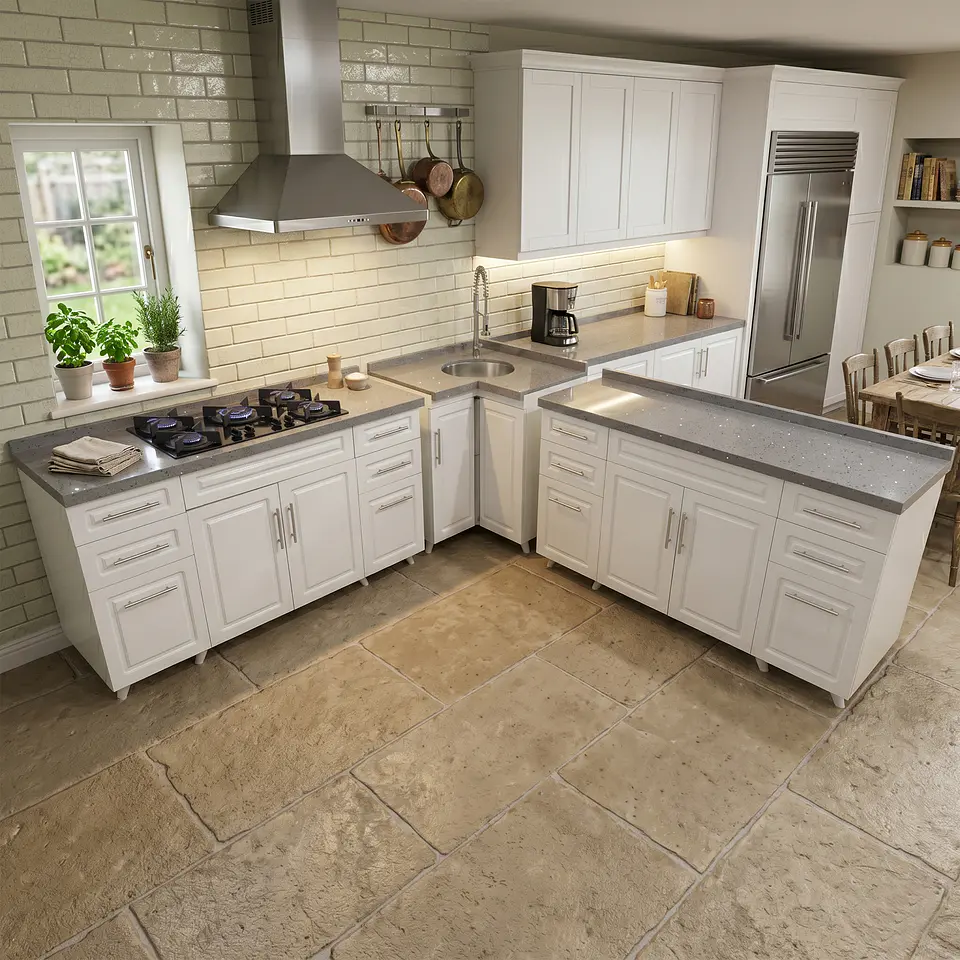 Mueble Modular Blanco para Cocina con Encimera, Esquinero Lavaplatos y Mesón Cubierta de Cuarzo 6