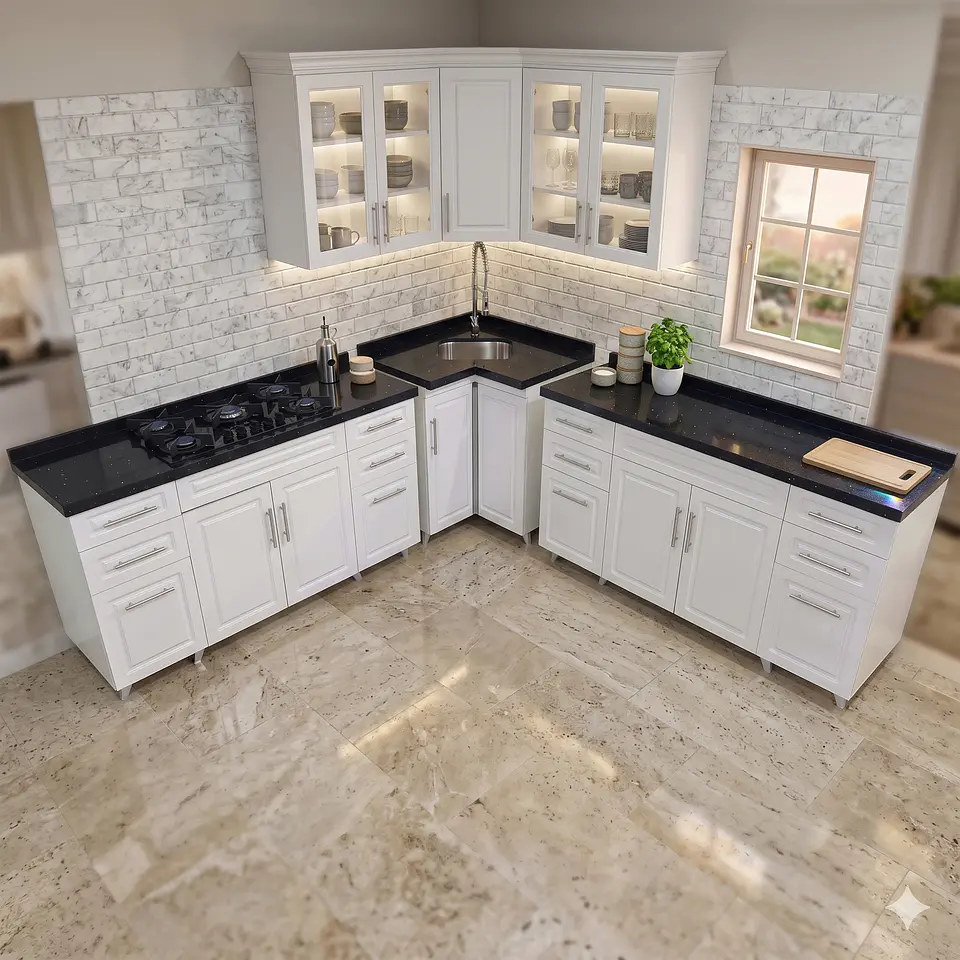 Mueble Modular Blanco para Cocina con Encimera, Esquinero Lavaplatos y Mesón Cubierta de Cuarzo 4