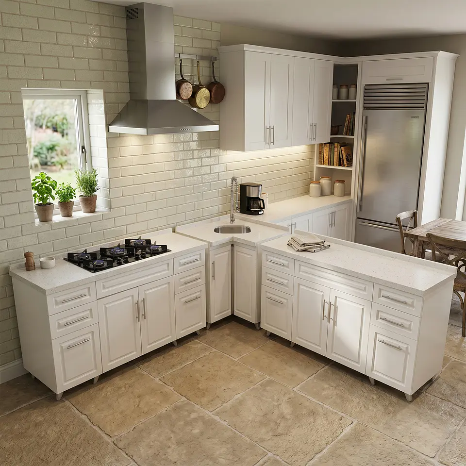 Mueble Modular Blanco para Cocina con Encimera, Esquinero Lavaplatos y Mesón Cubierta de Cuarzo 2