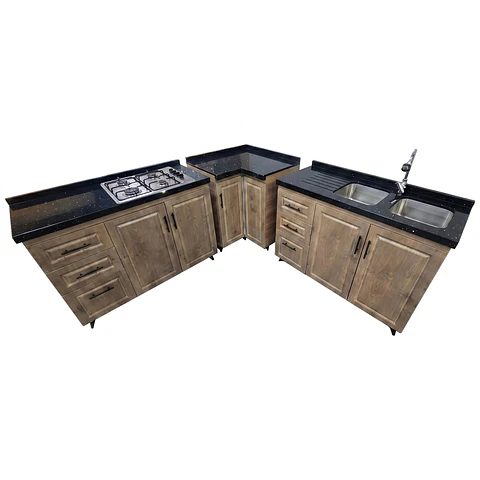 Mueble Modular Nogal para Cocina con Encimera, Esquinero Lavaplatos y Mesón Cubierta de Cuarzo