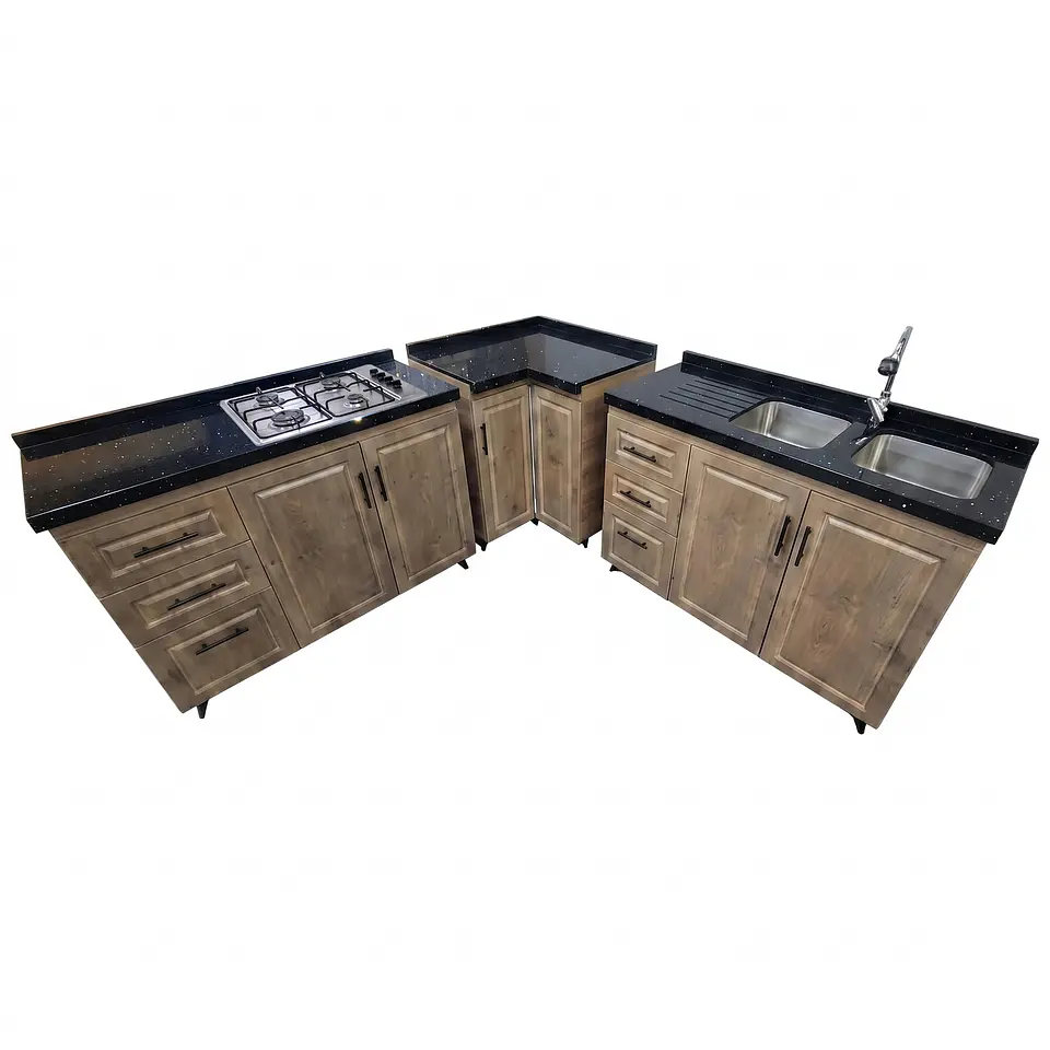 Mueble Modular Nogal para Cocina con Encimera, Esquinero Lavaplatos y Mesón Cubierta de Cuarzo 1