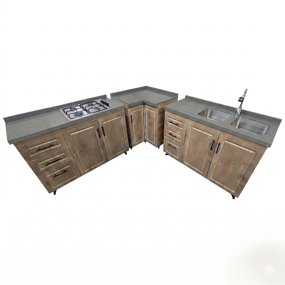 Mueble Modular Nogal para Cocina con Encimera, Esquinero Lavaplatos y Mesón Cubierta de Cuarzo 7