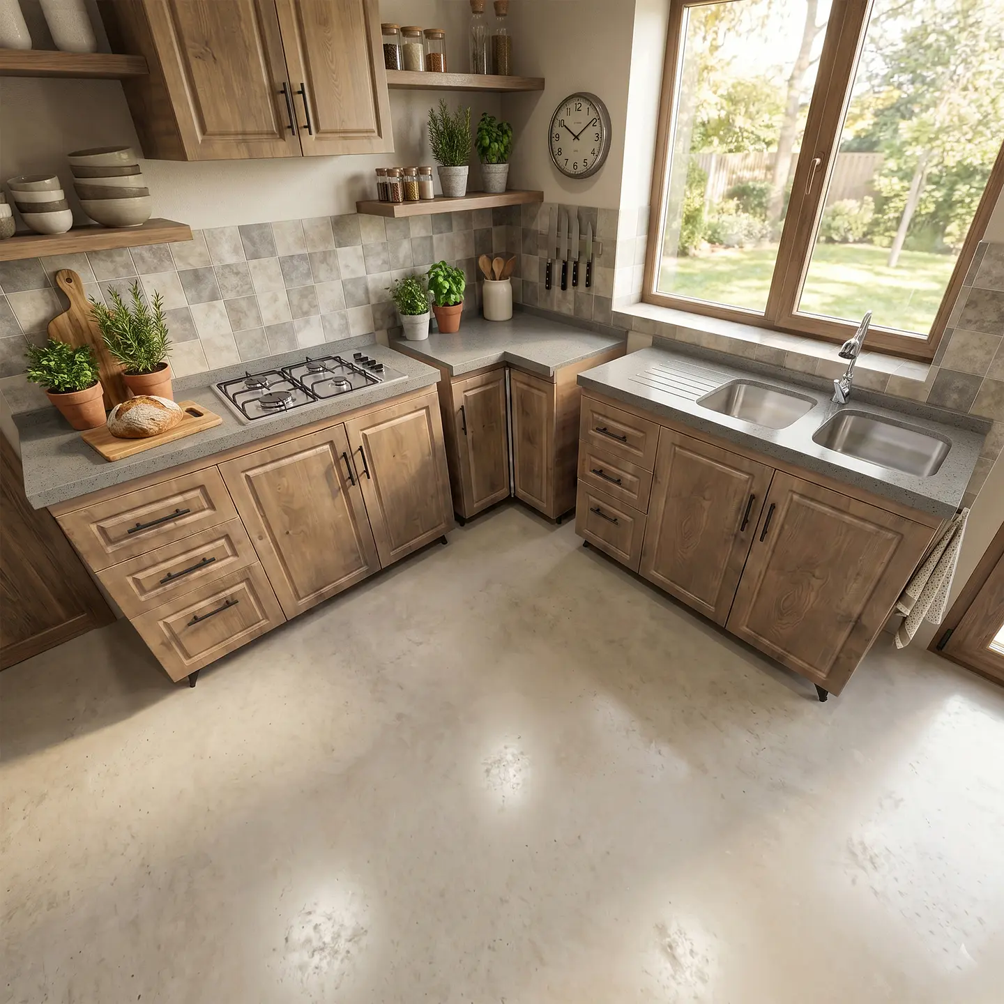 Mueble Modular Nogal para Cocina con Encimera, Esquinero Lavaplatos y Mesón Cubierta de Cuarzo 8