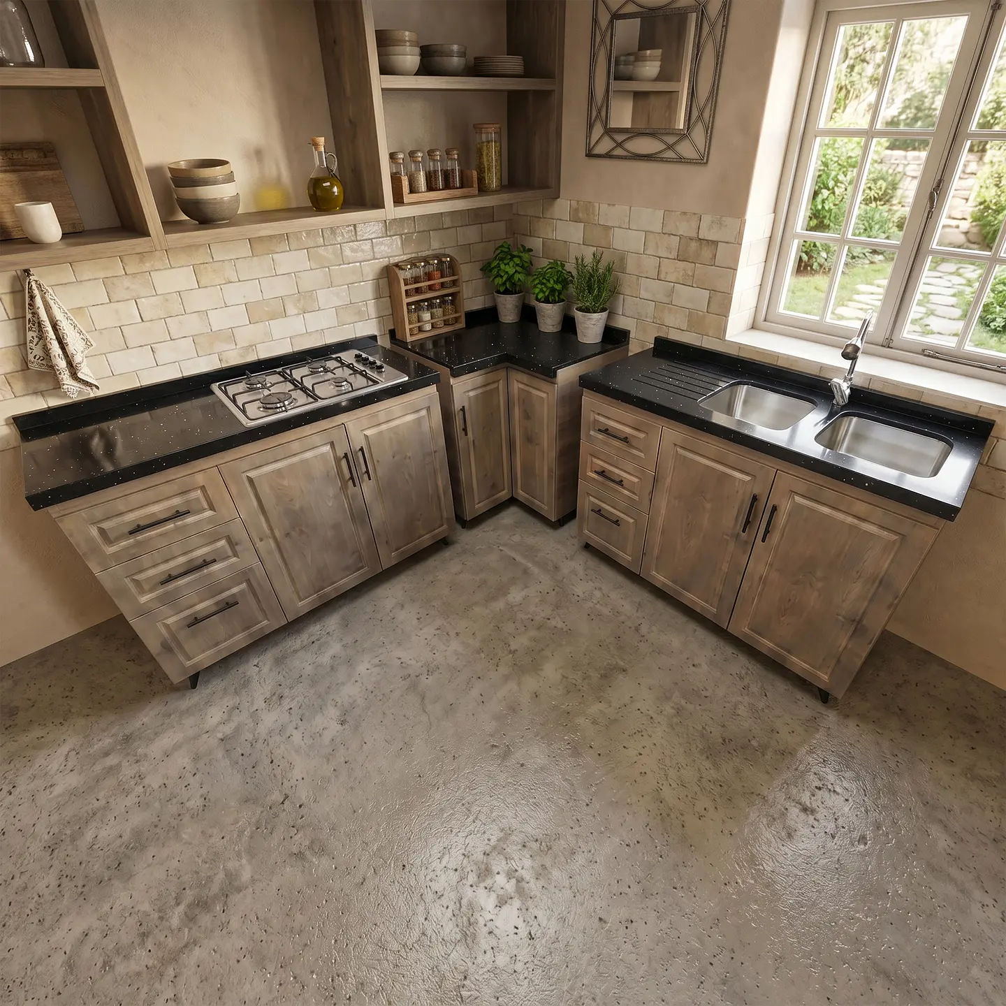 Mueble Modular Nogal para Cocina con Encimera, Esquinero Lavaplatos y Mesón Cubierta de Cuarzo 10
