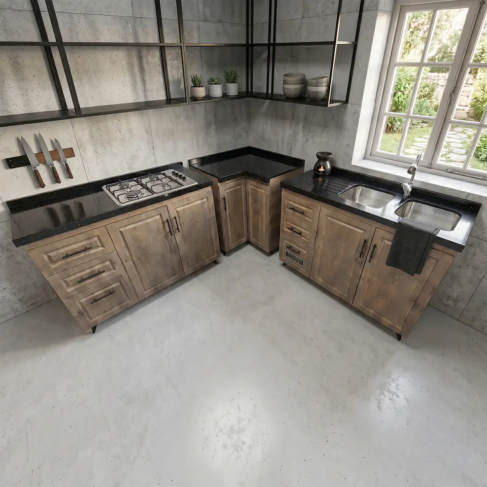 Mueble Modular Nogal para Cocina con Encimera, Esquinero Lavaplatos y Mesón Cubierta de Cuarzo 2