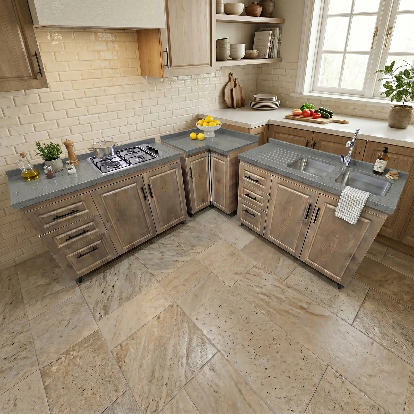 Mueble Modular Nogal para Cocina con Encimera, Esquinero Lavaplatos y Mesón Cubierta de Cuarzo 9