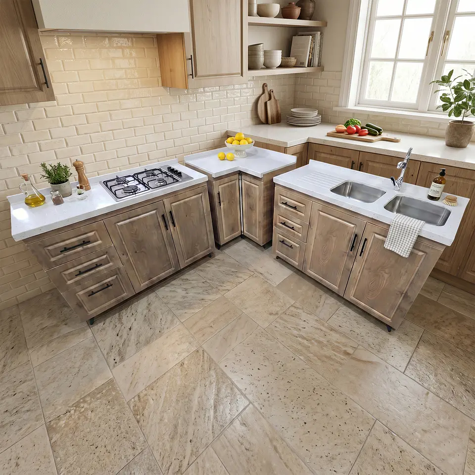 Mueble Modular Nogal para Cocina con Encimera, Esquinero Lavaplatos y Mesón Cubierta de Cuarzo 6
