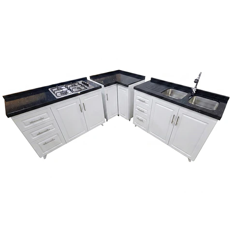 Mueble Modular Blanco para Cocina con Encimera, Esquinero Lavaplatos y Mesón Cubierta de Cuarzo