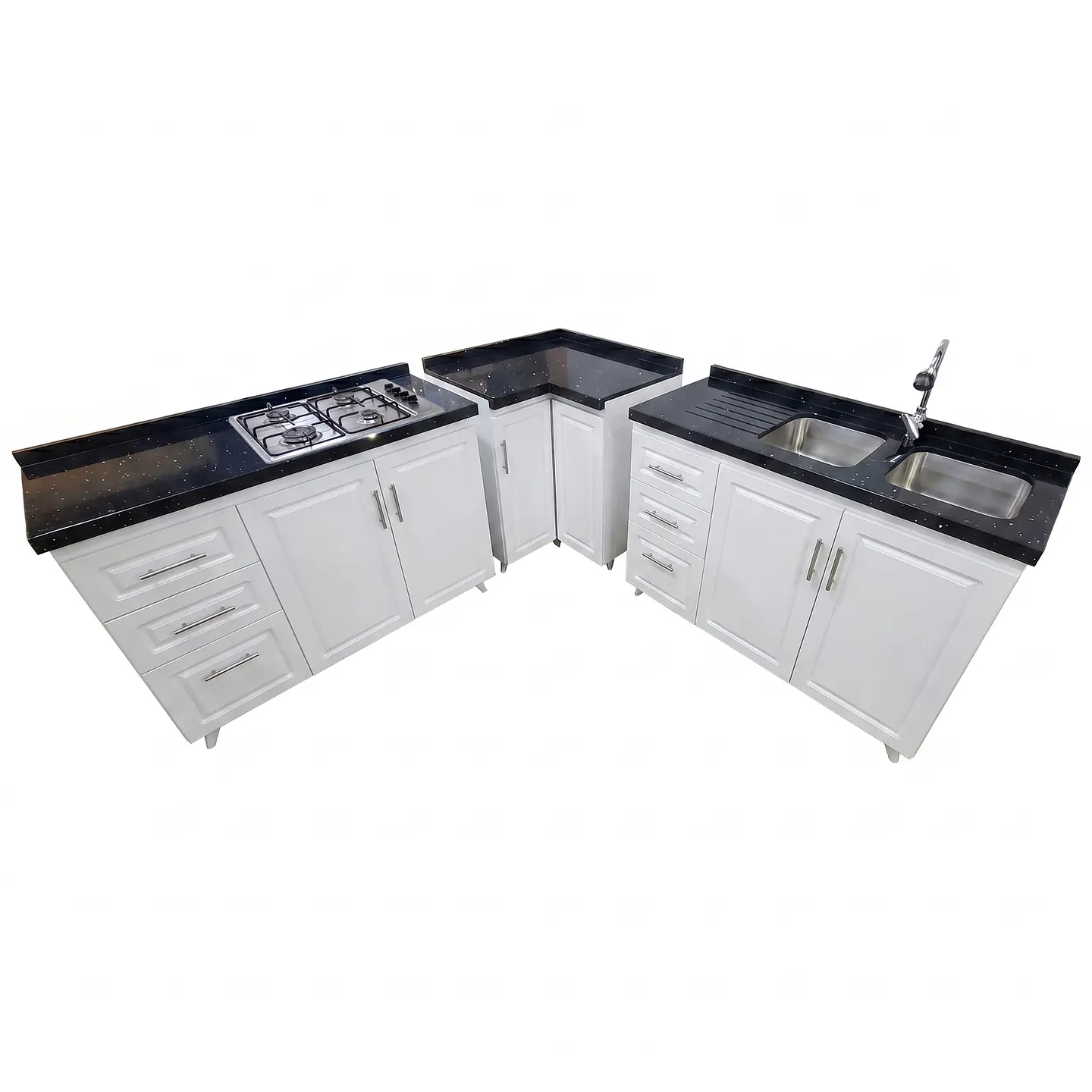 Mueble Modular Blanco para Cocina con Encimera, Esquinero Lavaplatos y Mesón Cubierta de Cuarzo 1