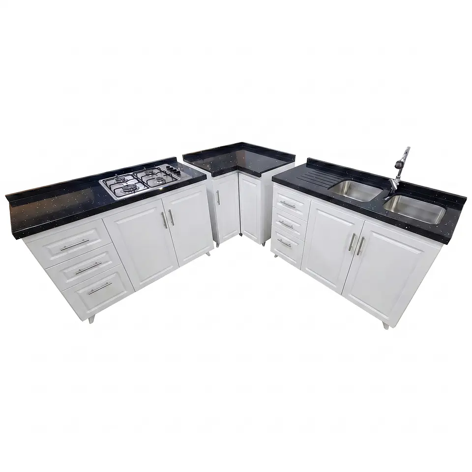 Mueble Modular Blanco para Cocina con Encimera, Esquinero Lavaplatos y Mesón Cubierta de Cuarzo 1