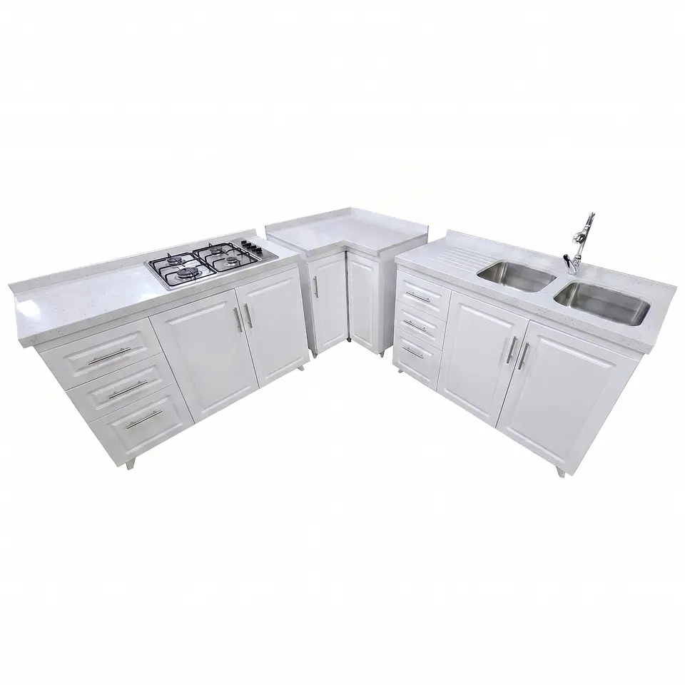 Mueble Modular Blanco para Cocina con Encimera, Esquinero Lavaplatos y Mesón Cubierta de Cuarzo 4