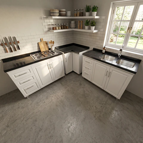 Mueble Modular Blanco para Cocina con Encimera, Esquinero Lavaplatos y Mesón Cubierta de Cuarzo