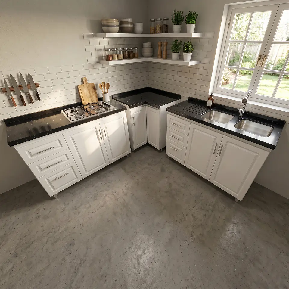 Mueble Modular Blanco para Cocina con Encimera, Esquinero Lavaplatos y Mesón Cubierta de Cuarzo 2
