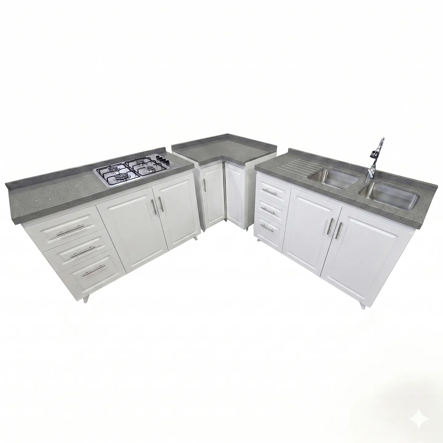 Mueble Modular Blanco para Cocina con Encimera, Esquinero Lavaplatos y Mesón Cubierta de Cuarzo 7