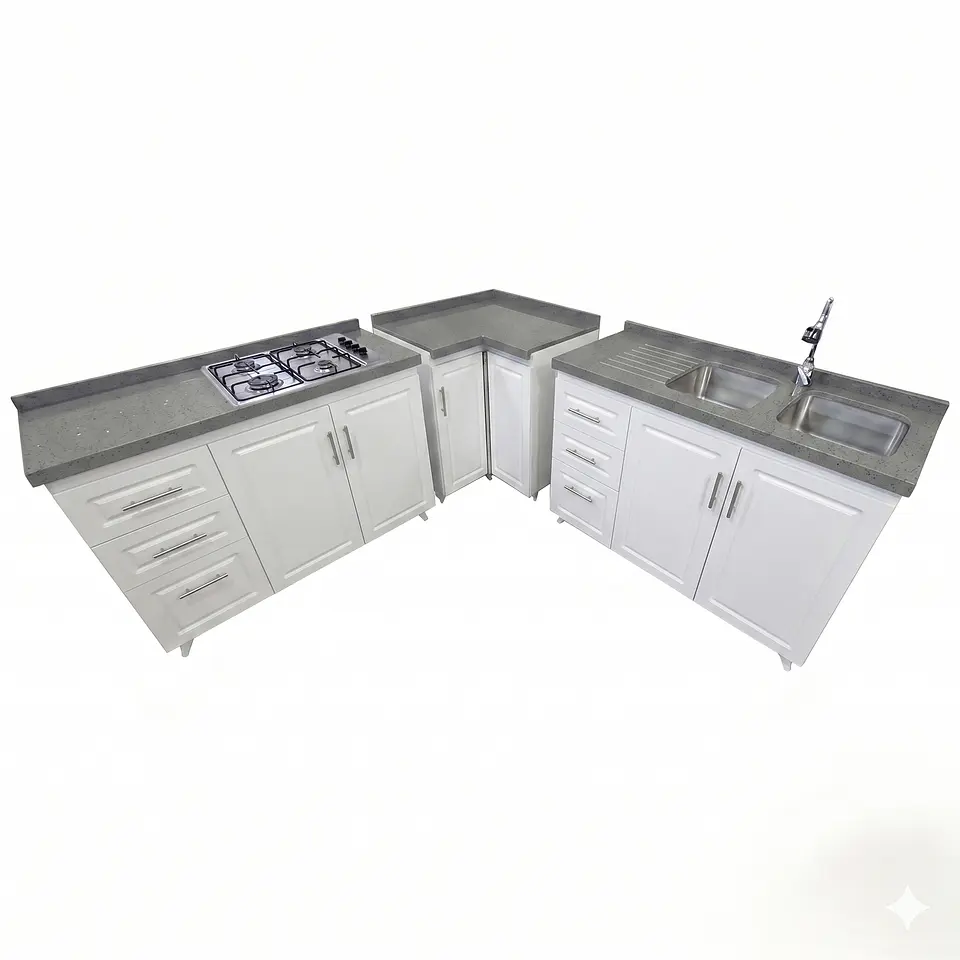 Mueble Modular Blanco para Cocina con Encimera, Esquinero Lavaplatos y Mesón Cubierta de Cuarzo 7