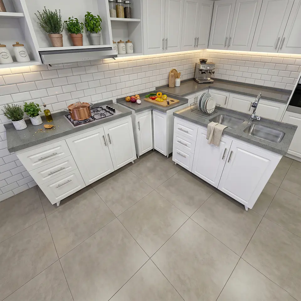 Mueble Modular Blanco para Cocina con Encimera, Esquinero Lavaplatos y Mesón Cubierta de Cuarzo 8