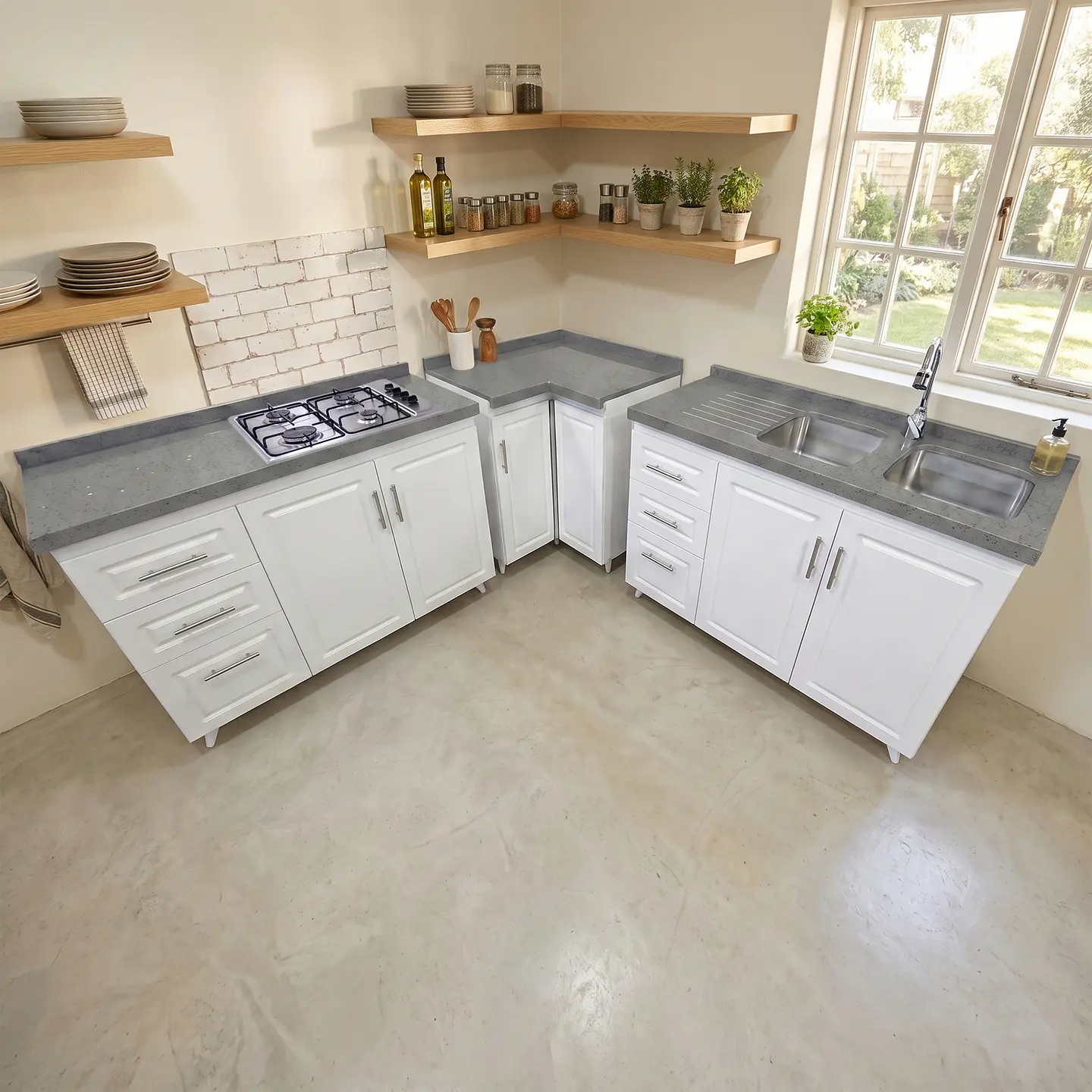 Mueble Modular Blanco para Cocina con Encimera, Esquinero Lavaplatos y Mesón Cubierta de Cuarzo 9