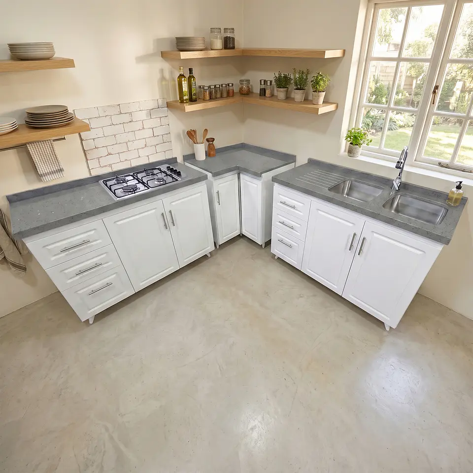 Mueble Modular Blanco para Cocina con Encimera, Esquinero Lavaplatos y Mesón Cubierta de Cuarzo 9