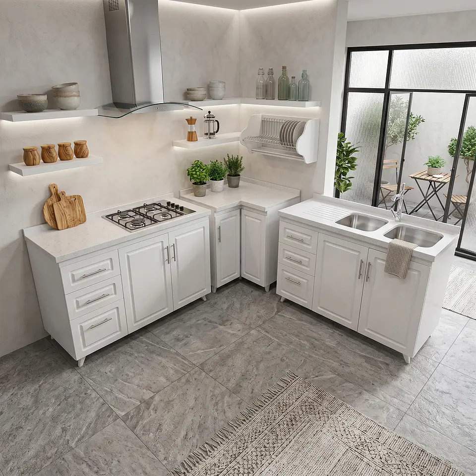 Mueble Modular Blanco para Cocina con Encimera, Esquinero Lavaplatos y Mesón Cubierta de Cuarzo 5