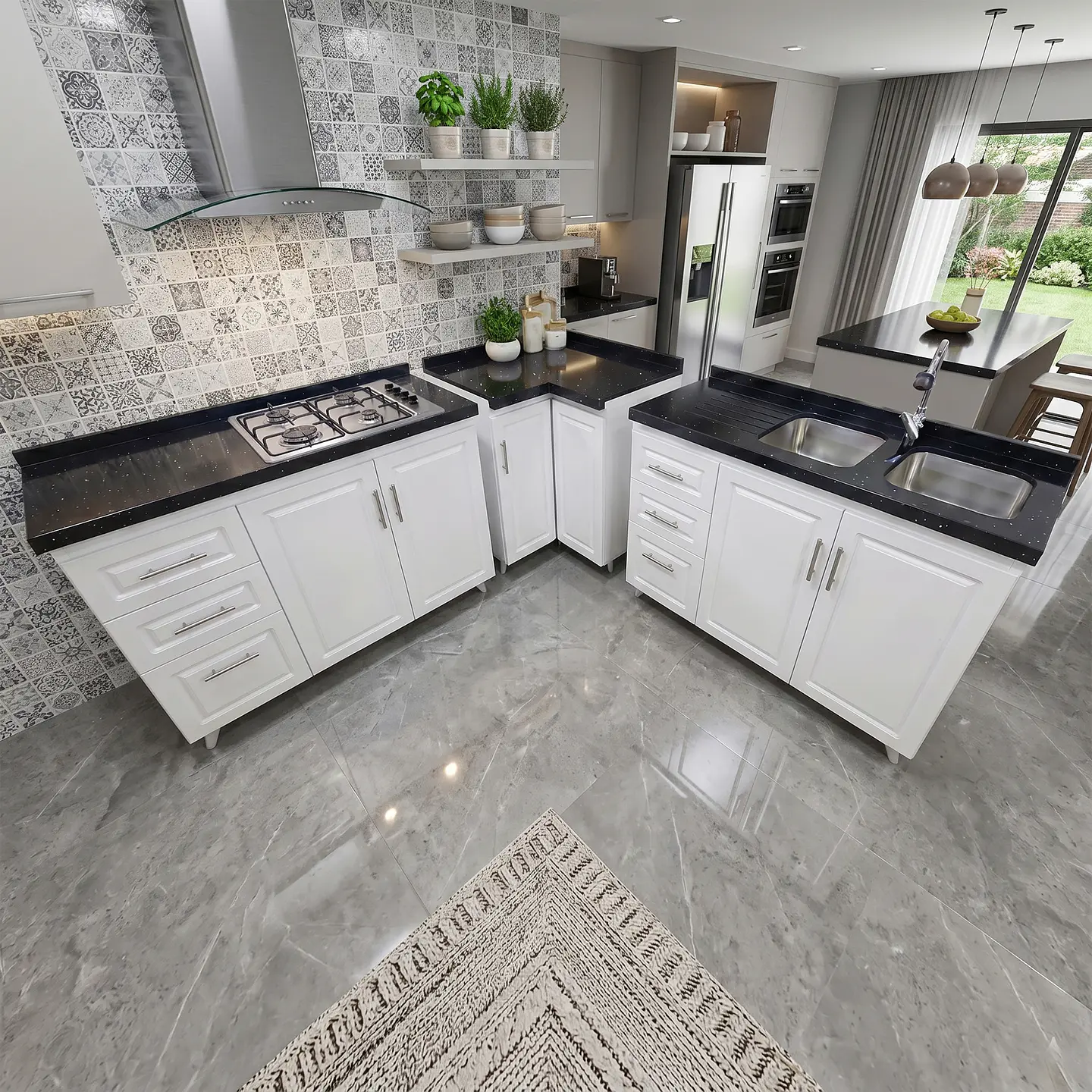 Mueble Modular Blanco para Cocina con Encimera, Esquinero Lavaplatos y Mesón Cubierta de Cuarzo 3