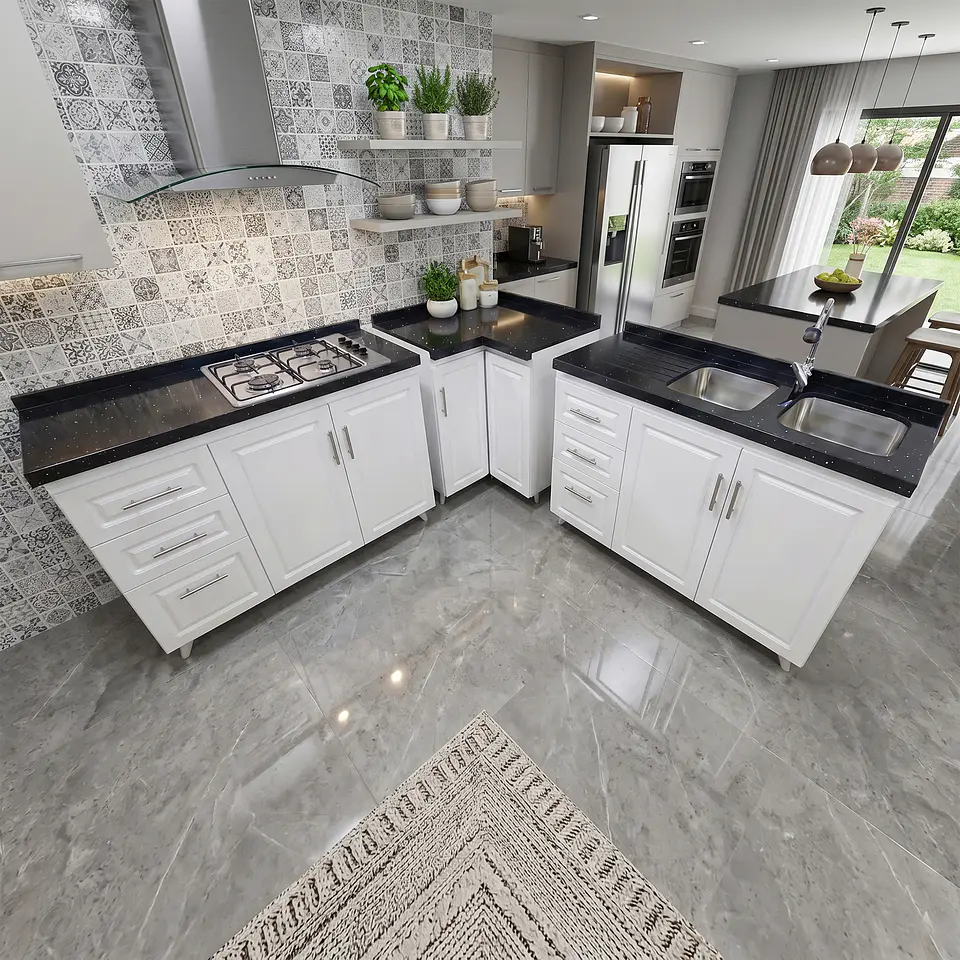 Mueble Modular Blanco para Cocina con Encimera, Esquinero Lavaplatos y Mesón Cubierta de Cuarzo 3