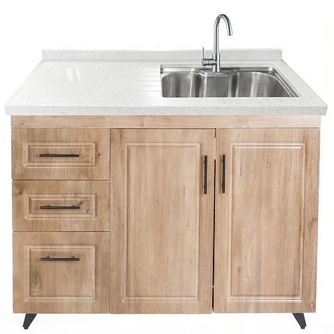 Mueble Lavaplatos Nogal Izquierdo con Cubierta de Cuarzo Riñon 120x52x90 cm (Incluye Armado)