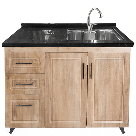 Mueble Lavaplatos Nogal Izquierdo con Cubierta de Cuarzo Riñon 120x52x90 cm (Incluye Armado)