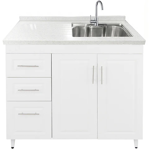 Mueble Lavaplatos Blanco Izquierdo con Cubierta de Cuarzo Riñon 120x52x90 cm (Incluye Armado)