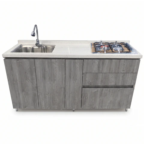 Mueble Integral de Cocina Roble Gris con Encimera y Lavaplatos 180 cm