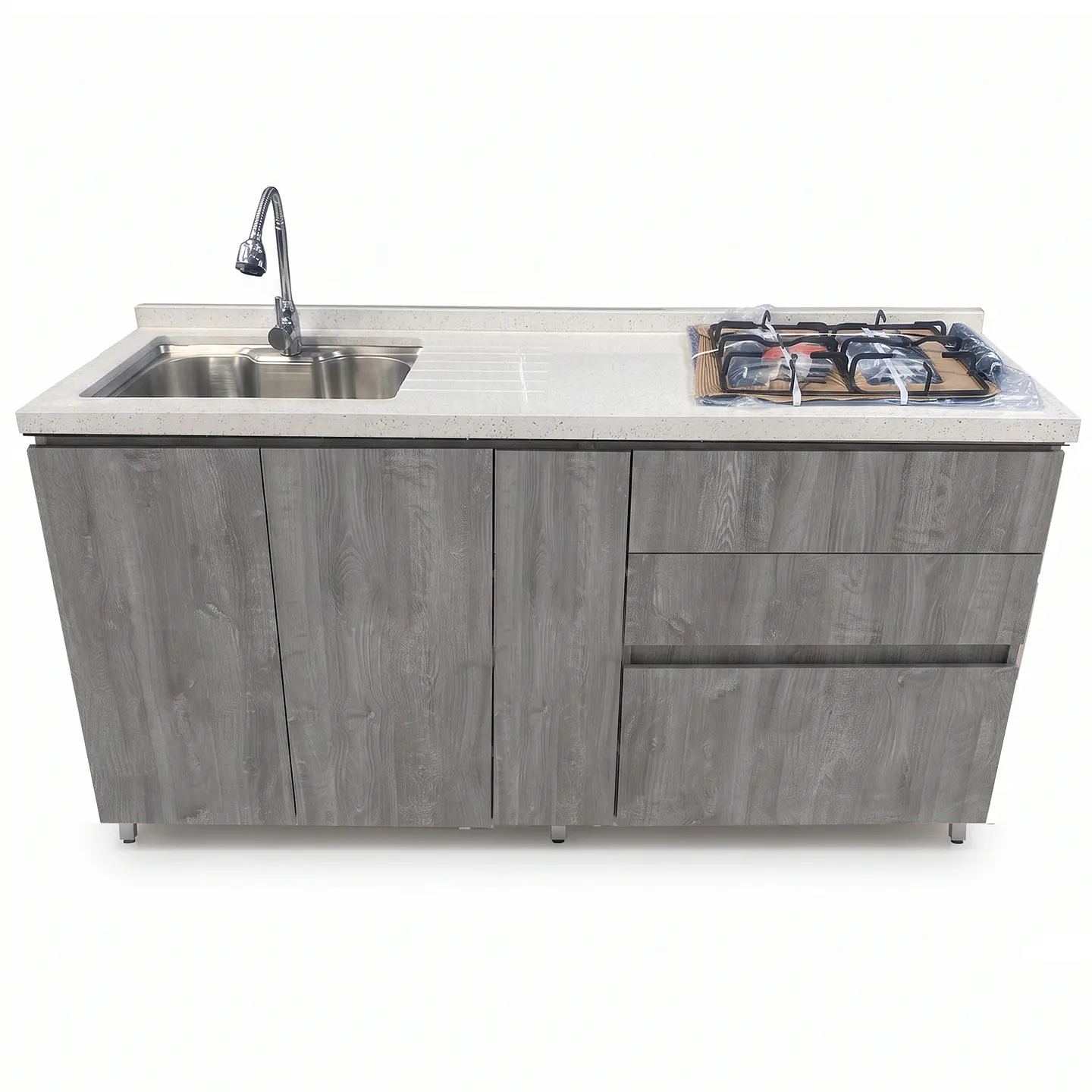 Mueble Integral de Cocina Roble Gris con Encimera y Lavaplatos 180 cm 1