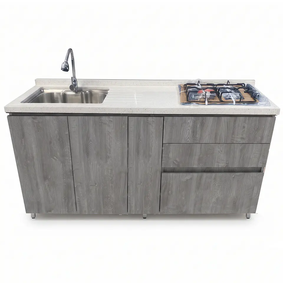 Mueble Integral de Cocina Roble Gris con Encimera y Lavaplatos 180 cm 1
